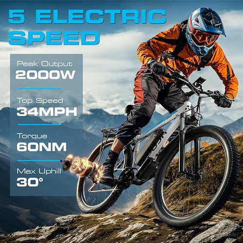 2000w Electric Bike for Adults PU1,Max 34 MPH Speed Up to 80 Miles Range,29" Tire with 48V 17.5Ah Removable Battery,Fast CityCommuter Electric Bicycles for Mountain RoadSand Snow for Men Women