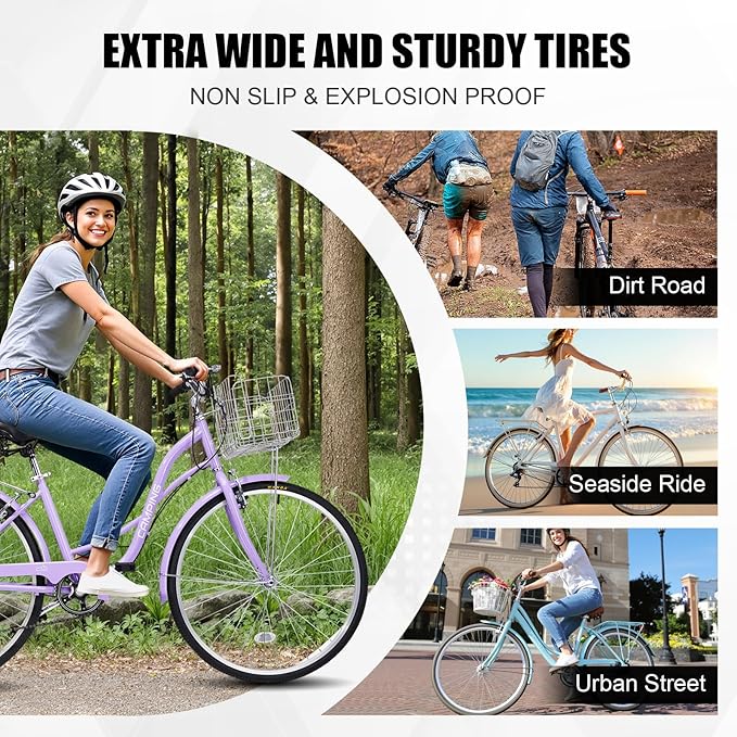 Ktaxon Women Bike 24/26 Inch Bicycles for Women, Beach Cruiser Bike with Premium Derailleur & Shift Lever, Adjustable Seat, High-Carbon Steel Frame and Excellent Welding Technology | Premium Derailleur, Shift Lever, Adjustable Seat