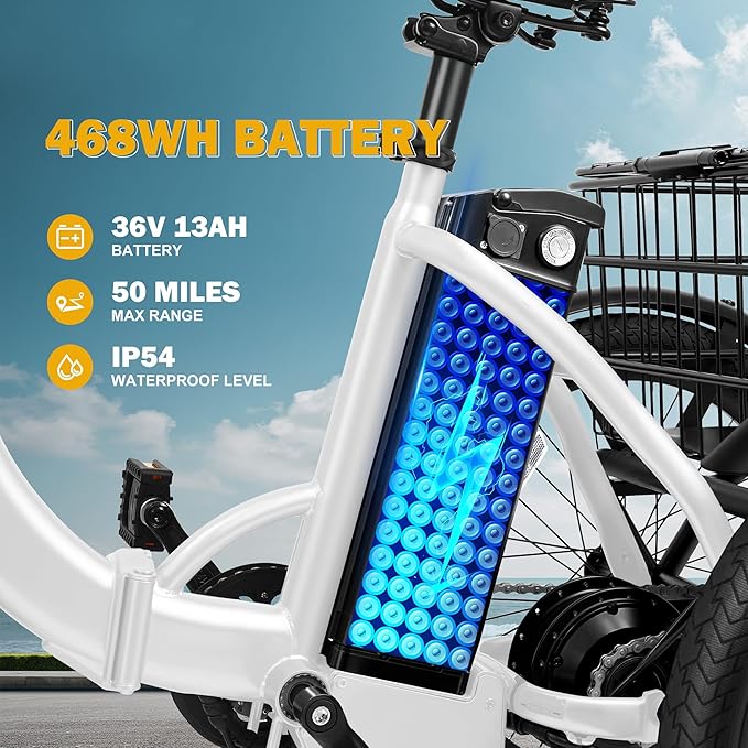 Qlife Triker Electric Bike, Peak 750W/1200W Brushless Motor Folding Trike Ebike, 499Wh Removable Battery, Step-Thru 3 Wheel Electric Bicycle, Up to 55 Miles, 20 Tire Tricycle for Adults