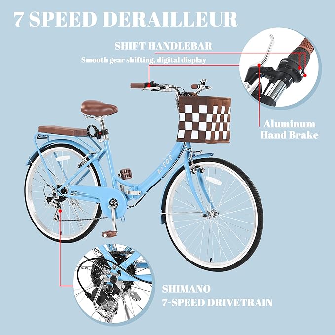 24/26 Inch Foldable Beach Cruiser Bike for Women, 7 Speed Folding Bikes for Adults, Womens City Bike with Basket & Adjustable Seat, Step Through Commute Bikes for Women Adults