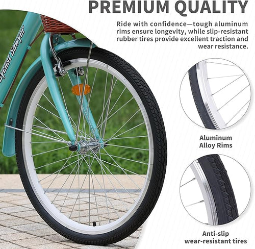 24 inch Hybrid Bikes for Women, Adult Bicycles Lightweight Hi-Ten Steel Frame Road Bike Single Speed with Rear Rack and Basket, Commuter City Bike, Comfort Lady Bicycle, Vintage Adult Bike, Green
