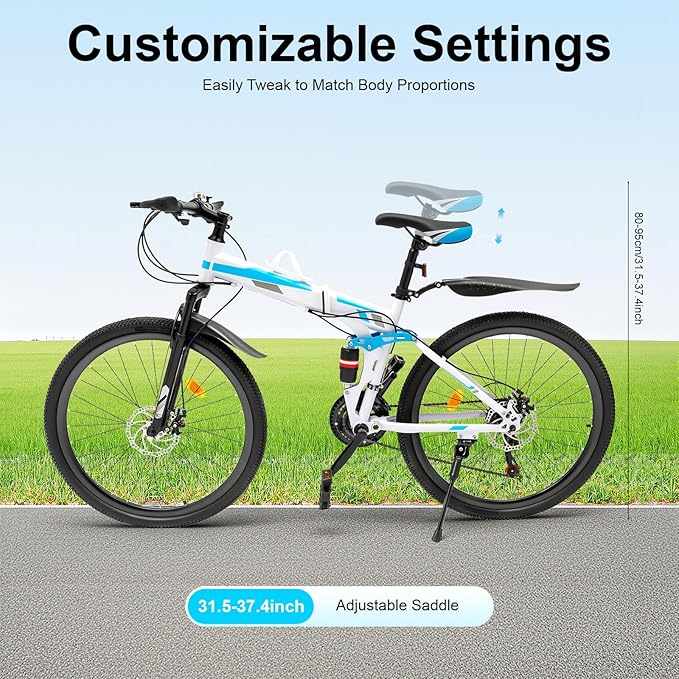 26 Inch Folding Mountain Bike, 21 Speed Dual/Front Suspension Mens Mountain Bike with High Carbon Steel, Non-Slip Quick Release Tire Fork Folding Bicycle for Men Women