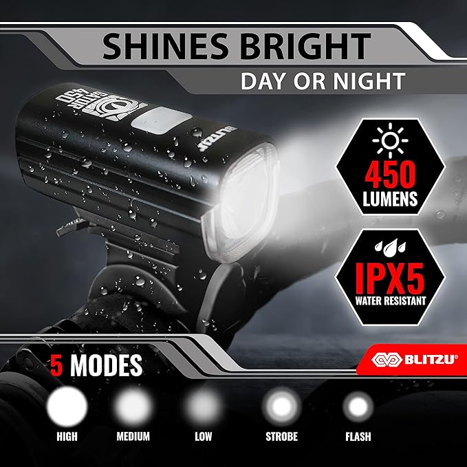 Bike Lights for Night Riding, Super Bright Bicycle Reflectors, USB Rechargeable Bike Lights Front and Back, Water-Resistant, 4+5 Modes Headlight Taillight Set for Safety, Men, Women & Kids Gator 450