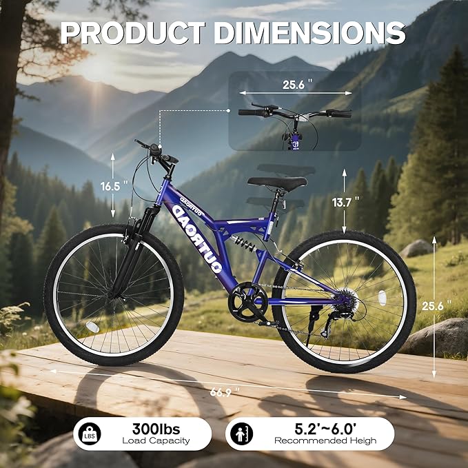 Mountain Bike for Adult Men Women, 26 Inch 7 Speed Mountian Bicycle with Dual Full Suspension, Dual V Brake MTB Bicycle, Multiple Colors
