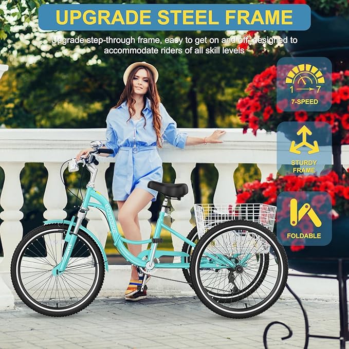 NAIZEA Folding Adult Tricycle - 7 Speed 20/24/26 Inch Folding Tricycle for Adult, 3 Wheel Bike, Foldable Trike with Large Basket/Low-Step Through for Men Women Senior