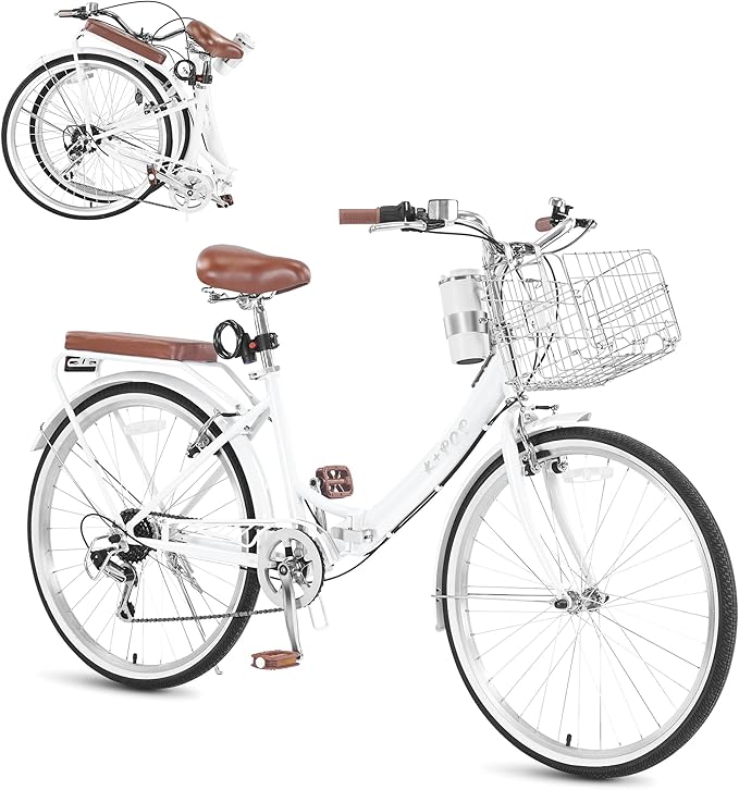 24/26 Inch Foldable Beach Cruiser Bike for Womens, 7 Speed Womens Bike with Basket and Coffee Cup, Commuting Bicycles for Women, Lightweight Complete Cruiser Bikes Bicycle for Ladies Adults