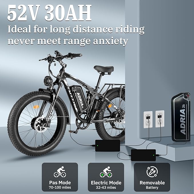 Tuttio Adria26 5000W/6000W Dual-Motor Ebike,40-46MPH Electric- Bike for Adults, 26 * 4" Fat Tire Electric Bicycle, 52V 25AH E-Bike Full Suspension Electric Dirt Bike for Off-Road Mountain Hunting