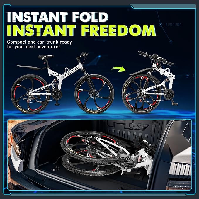 26 Inch Folding Mountain Bike, 21 Speed Full Suspension Bicycle Dual Disc Brake Non-Slip Quick Release tire for Adults Men Women(Balck/Pink/Green/Orange/White/Purple)