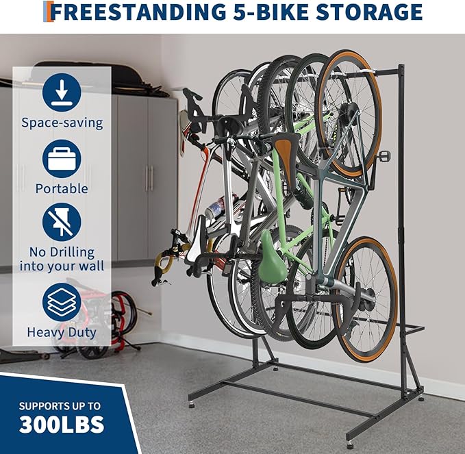 Towallmark Bike Storage Rack, Freestanding 5 Bike Storage, Stand Floor Bike Storage Rack for Garage Bicycle Organizer, Adjustable Height, Up to 300Lbs