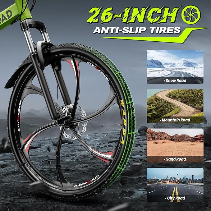 Betterland 26 Inch Folding Mountain Bike, 21 Speeds Full Suspension Foldable Bikes, Dual Disc Brake, High Carbon Steel Frame and Non-Slip Quick Release tire Bicycle for Adult (LH-Green)