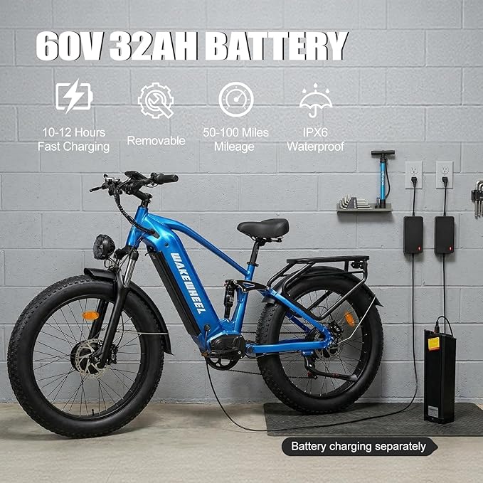 8000w Electric Bike for Adults, 60V 32Ah Battery Ebike, Fat Tire & Long Range Electric Bicycles, 210Nm Mountain Bike Full Suspension, Hydraulic Brake Electric Bicycle