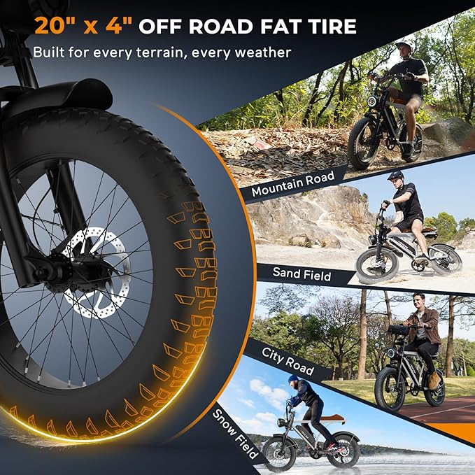 Movcan V60/V60 Pro Electric Bike, 48V 15.6/18.2Ah Removable Battery 20” Fat Tire Electric Bike, 1000/1500W Motor 30/33MPH Top Speed Electric Motorcycle, for Commute/Offroad/School/Rain/Snow Riding.