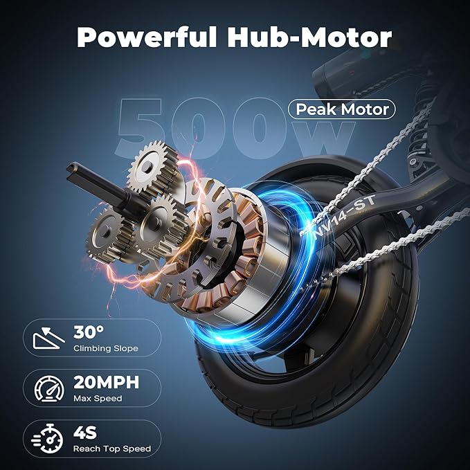Electric Bike- Peak 500W, 20MPH, Up to 25+Miles, Waterproof Battery, Dual Disc Brakes,Rear Suspension, Stylish 14" Commuter E-Bike for City & Road Sand Mountain