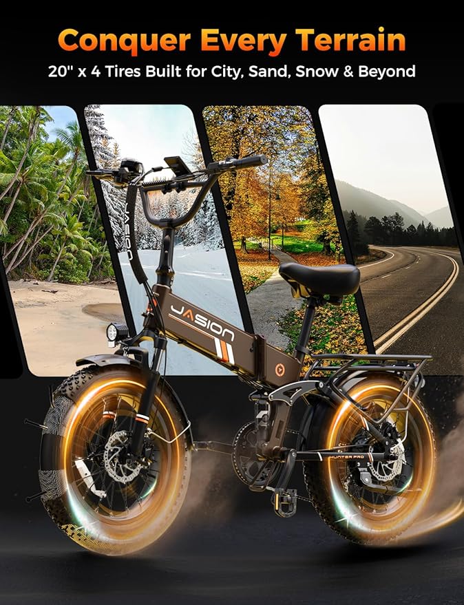 Jasion X Hunter/PRO Electric Bike for Adults,1800W/1400W Peak 20''Fat Tire Foldable Ebike,Folding E Bike Up to 80/70 Miles Range,720/624WH Removable Battery,30 MPH E Bike,Certified by UL2849