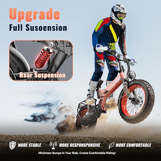 1500W Folding Electric Bike for Adults, 52V 20AH Large Removable Battery E Bike, 30+MPH, 80 Miles Max Range, 20" x4.0 Fat Tire Ebike, Dual Suspension Commute Electric Mountain Bicycle