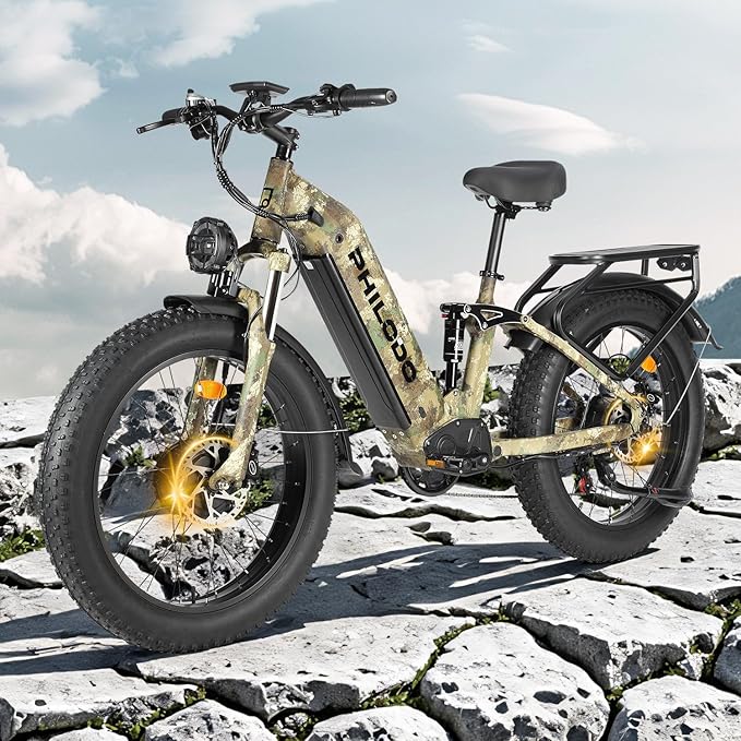 PHILODO Electric-Bike for Adults, Dual-Motor-Ebike Hunting-Ebike 5000W, 60V 32AH Long Range Dirtbike, Fat-Tire-Electric-Bicycle, Full Suspension for Off-Road Snow Sand