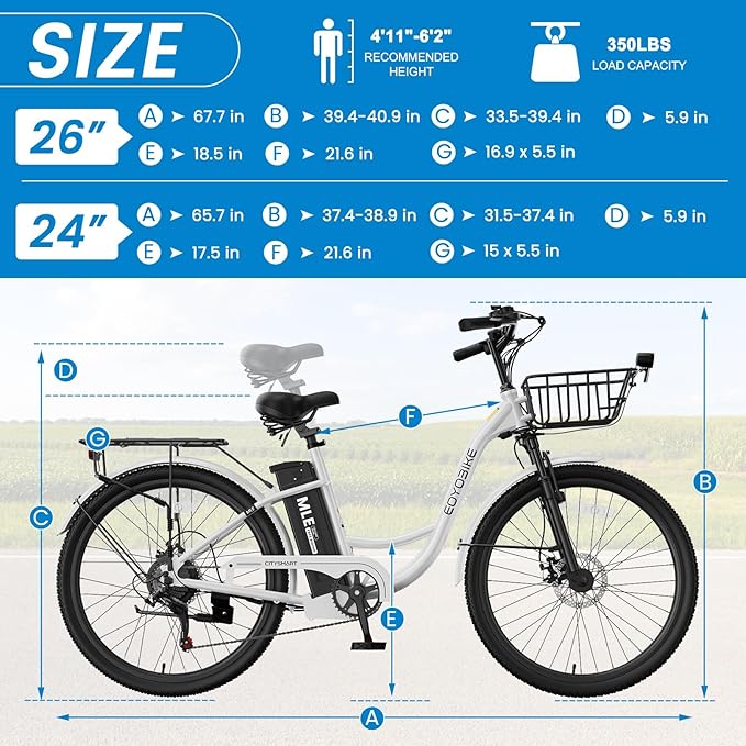 350W Electric Bike for Adults, 20MPH 7-Speed Commuter Ebike with 36V 10.4Ah Battery, Aluminum Frame, Front Suspension, Dual Disc Brakes, E Bicycle with Basket & Rear Rack, 330 lbs Load