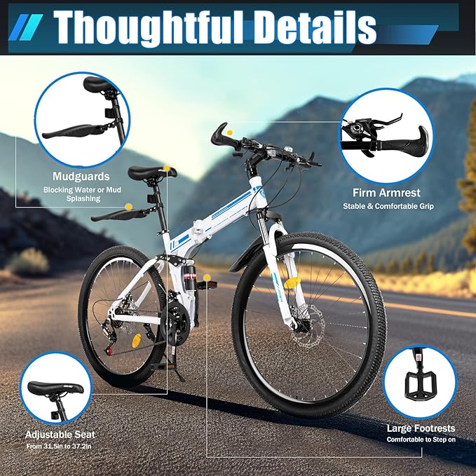 DNYSYSJ 26 Inch Mountain Folding Bike 21 Speed Mountain Bike Folding Bike for Adults, Dual Disc-Brake High Carbon Steel Mountain Bicycle Bike for Men Women - Blue&White
