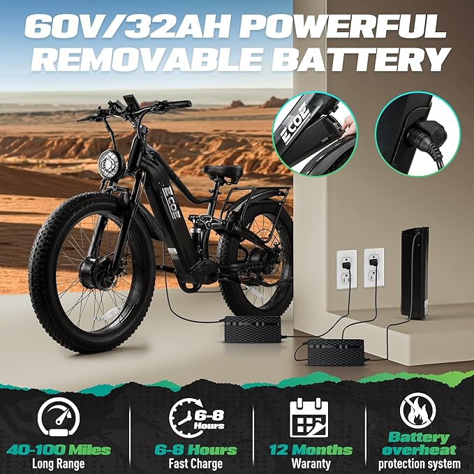 EcoE 5000W Dual Motor Electric Bike for Adults 52MPH with Charge Voltage 63V Battery, 26x4 Fat Tire All Terrain Ebikes, Full Suspension E Bike, SHM 7-Speed Gear Electric Bicycle -z-4