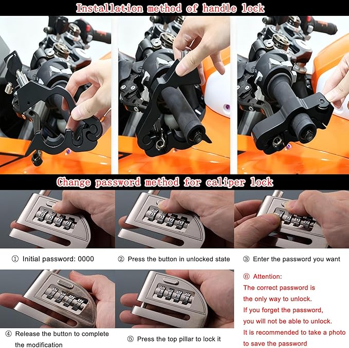 Motorcycle Locks Anti Theft, 4 Digit Combination Wheel Disc Lock, Brake Handlebar Lock Universal for Motorcycles, ATV, Dirt Bikes, Mopeds, Scooters