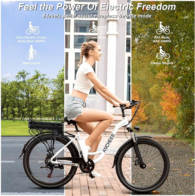 ANCHEER Electric Bike for Adults, 48V 500Wh EBike, UP to 60 Miles, Removable Battery, Fast-Charge, 26" Commuter Electric Bicycles, 7-Speed, LCD Digital Display, Suspension Fork, Cruise Control, UL2849