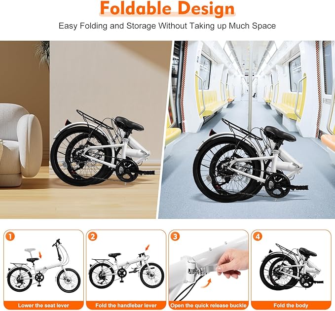 20 Inch Folding Bike, Adult Folding Bike 7 Speed Shifter, Height Adjustable Bicycle for Men & Women