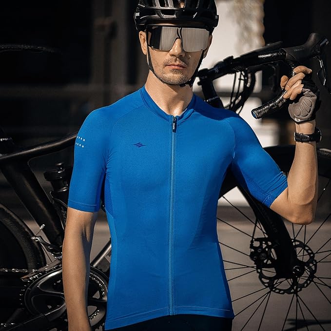 Santic Men's Cycling Jersey Short Sleeve Tops Pro Road Bike Shirt Full Zipper UPF 50+ MTB Jersey with Pockets