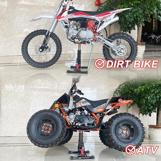 POLARBEAR Dirt Bike Stand Adjustable Jack Stand 1200Lbs Capacity Engine Stand Vertical Rise Easy Operated with DIY Stickers Lightweight(Black)