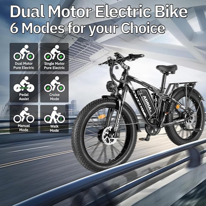 Tuttio Adria26 5000W/6000W Dual-Motor Ebike,40-46MPH Electric- Bike for Adults, 26 * 4" Fat Tire Electric Bicycle, 52V 25AH E-Bike Full Suspension Electric Dirt Bike for Off-Road Mountain Hunting
