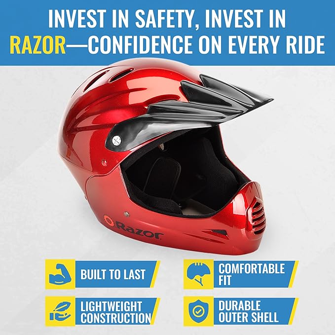 Razor Full Face Youth Helmet - Lightweight Plastic Outer Shell with Adjustable Straps for Young Riders