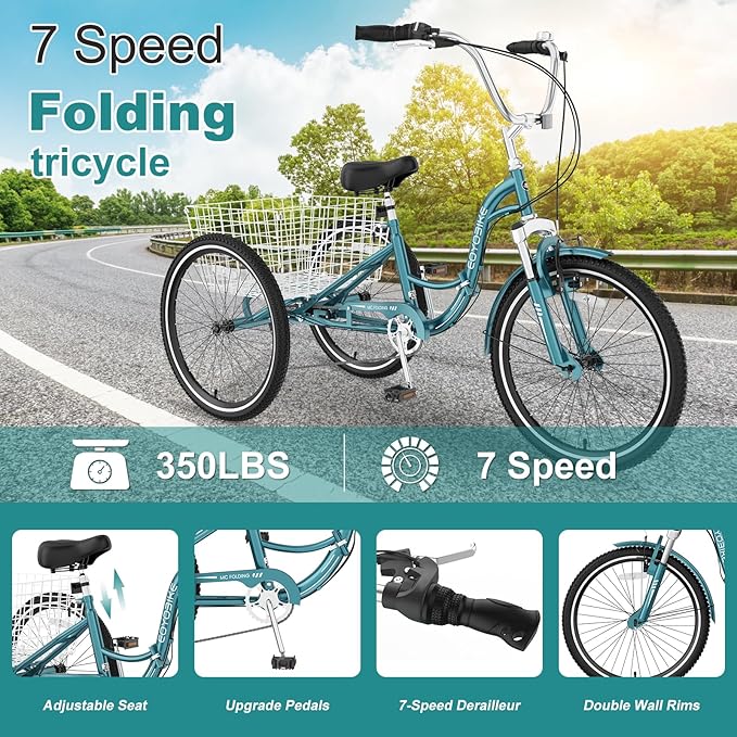 MOPHOTO Adult Folding Tricycle, 7-Speed 3 Wheel Bike for Adults, Seniors, Women & Men, 20/24/26 Inch Low Step-Through Trike with Large Rear Cargo Basket, Adjustable Seat, Space-Saving Cruiser Bicycle