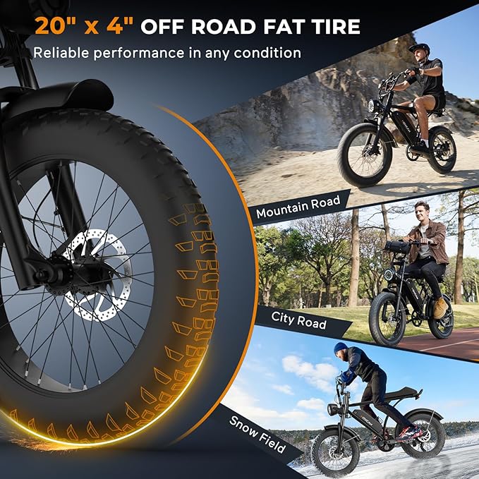 Movcan V60/V60 Pro Electric Bike, 48V 15.6/18.2Ah Removable Battery 20” Fat Tire Electric Bike, 1000/1500W Motor 30/33MPH Top Speed Electric Motorcycle, for Commute/Offroad/School/Rain/Snow Riding.