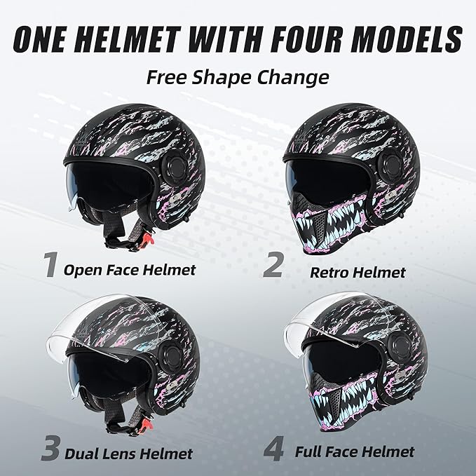 TRIANGLE Full Face Motorcycle Helmets,Off-Road Motocross Helmet for Men & Women,Dual Visor with Internal Tinted Sunshield,Open Face 3/4 Adult Racing Helmet DOT Approved(L)