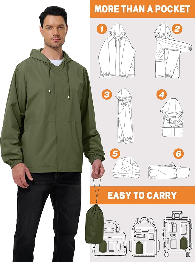 Men's Rain Jacket Waterproof Windbreaker Raincoat Cycling Running Hiking Golf Travel Gear Hood Lightweight Packable
