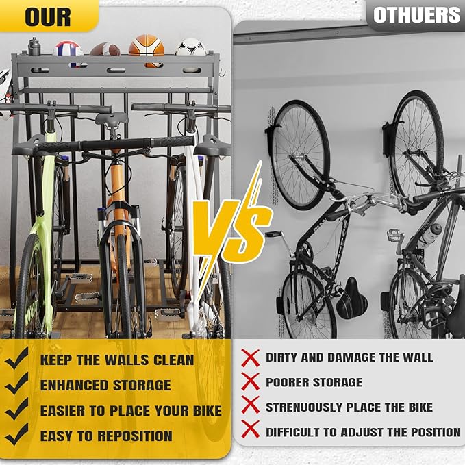 3 Bike Stand Steady Bike Rack Garage with Baskets Storage Indoor Bike Storage Rack Metal Floor Bicycle Station for Parking Suitable for Mountain, Hybrid, Adult and Kids Bikes