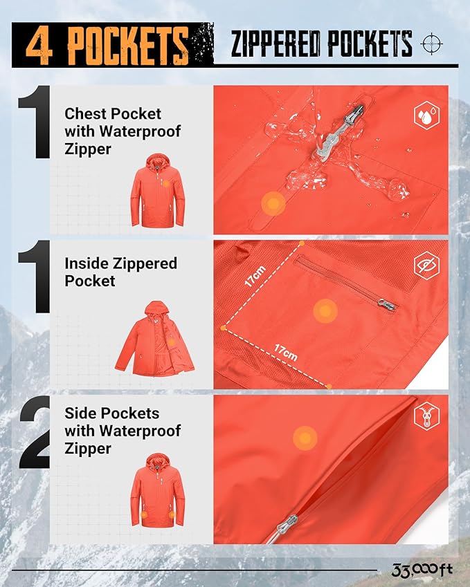 33,000ft Men's Packable Rain Jacket Lightweight Rain Shell Jacket with Hood Waterproof Raincoat for Cycling