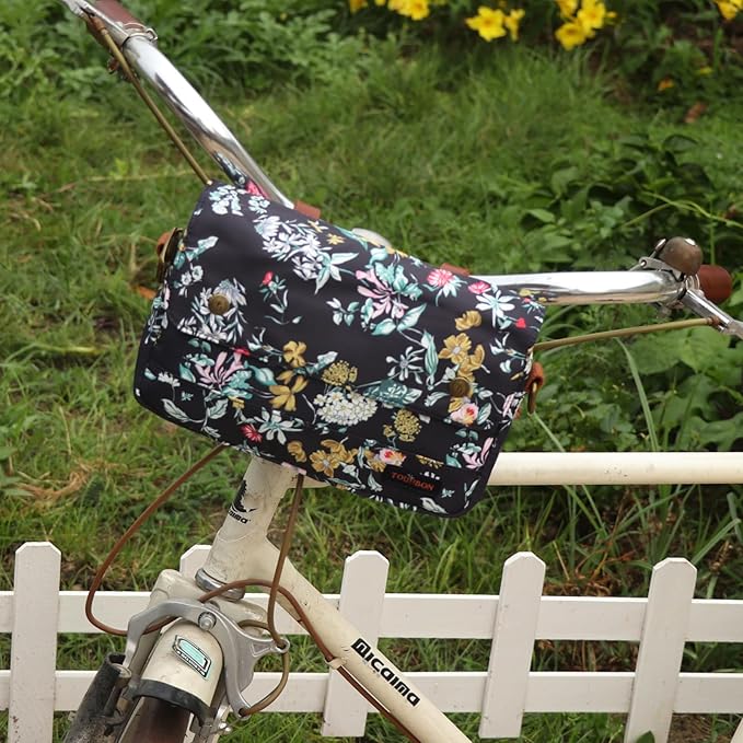 TOURBON Bike Bag Waxed Canvas Bicycle Handlebar Bag Zipper Closure Pouch Crossbar Front Frame Basket Cycling Saddebag Under Seat Strap-on Rear Rack Pannier (Black with Flower (type 2))