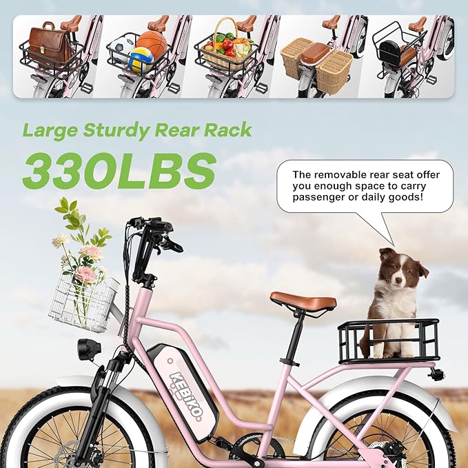 Electric Bike for Adults, 20"x 4" Fat Tire 35MPH Cargo Ebike with Seat, 1450W Peak 2 Seater Commute Bike with 48V 20AH Removable 960WH Battery, 80 Miles Max Range 7-Speed Step-Thru Electric Bicycle