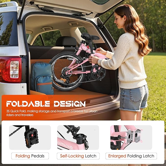 20 inch Folding Bike,7 Speed Lightweight City Commuter,Foldable Bike for Adults with Aluminum Frame Step Through Collapsible Bike for Women Men Seniors(Black/White/Blue/Pink)