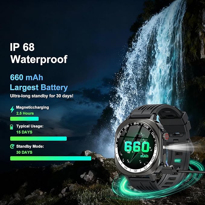 Military Smart Watches for Men(Answer/Make Call), AMOLED 1.43" Smartwatch, Flashlight/130+ Sports/Heart Rate/Sleep Monitor/Fitness Activity Tracker, IP68 Waterproof Fitness Watch for Android iOS