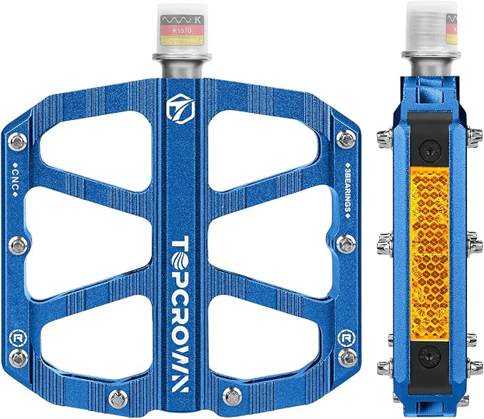 Mountain Bike Pedals with Reflectors, Aluminum Metal Bicycle Flat Pedals 9/16" - 3 Sealed Bearings, Non-Slip Wide Platform with Removable Pins for MTB, Road Bike, BMX, Ebike
