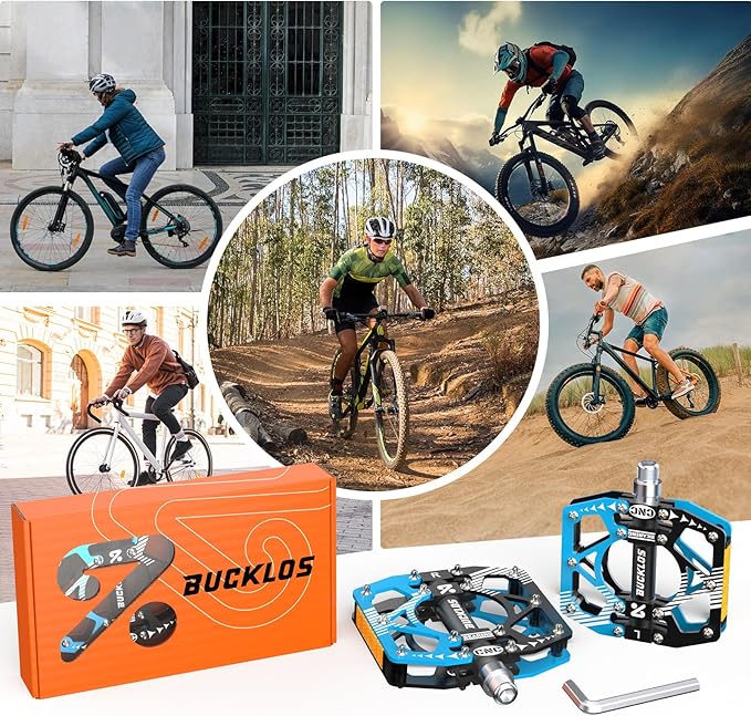 BUCKLOS MTB Bike Flat Pedals with Reflectors,Large Platform Mountain Non Slip CNC Aluminum Alloy Bicycle Pedals Sealed Bearing 9/16" Adult