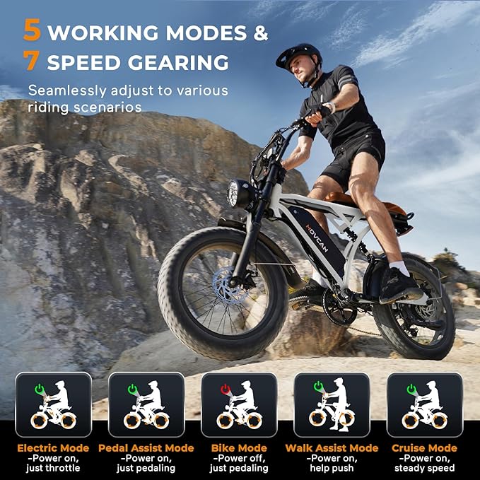 Movcan V60/V60 Pro Electric Bike, 48V 15.6/18.2Ah Removable Battery 20” Fat Tire Electric Bike, 1000/1500W Motor 30/33MPH Top Speed Electric Motorcycle, for Commute/Offroad/School/Rain/Snow Riding.