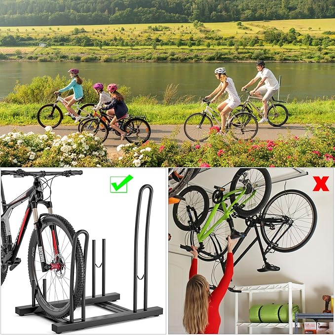 CXWXC 3/5 Bikes Stand Rack - Bike Storage Parking Racks Indoor/Outdoor - Bicycle Stand Garage for Parking Mountain Road Hybrid Bike, Fits Wheels up to 2.4" (on floor for 2 bikes)
