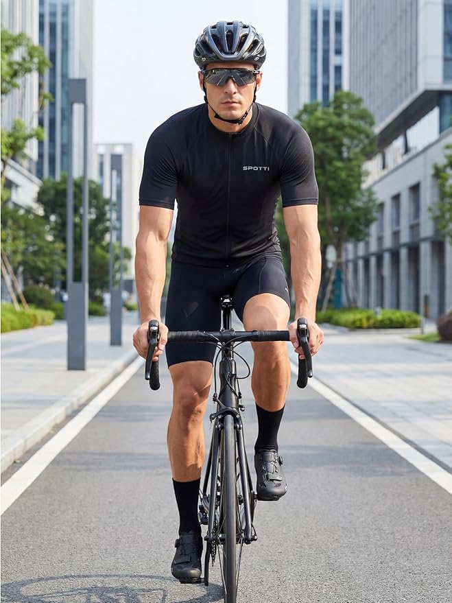 Spotti Men's Cycling Bike Jersey Short Sleeve with 3 Rear Pockets- Moisture Wicking, Breathable, Quick Dry Biking Shirt