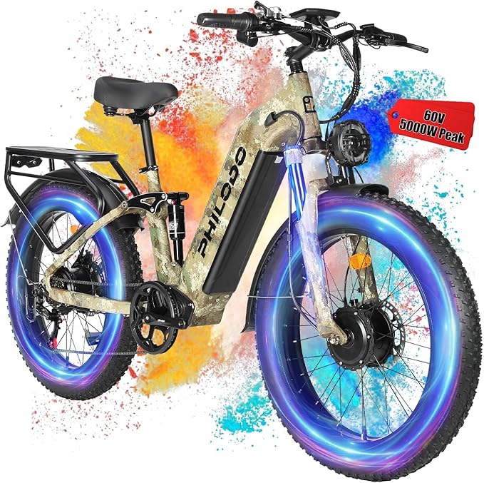 PHILODO Electric-Bike for Adults, Dual-Motor-Ebike Hunting-Ebike 5000W, 60V 32AH Long Range Dirtbike, Fat-Tire-Electric-Bicycle, Full Suspension for Off-Road Snow Sand