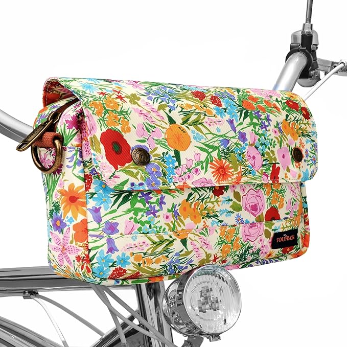 TOURBON Bike Bag Waxed Canvas Bicycle Handlebar Bag Zipper Closure Pouch Crossbar Front Frame Basket Cycling Saddebag Under Seat Strap-on Rear Rack Pannier (Yellow with Flower)