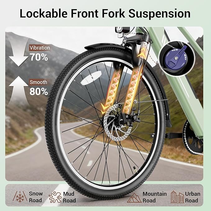 Electric Bike for Adults, Ebike 1000W Peak Motor, 25MPH Commuter Ebike, Up to 40 Miles Range, 26" Electric Bicycle for Adults with 375WH Removable Battery, All-Terrain E-Bike for Leisure(Green)
