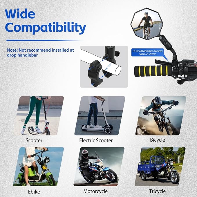 Bike Mirror, 1 pcs Bike Mirror Handlebar Mount,HD,360° Adjusted Bike Rear View Mirror, Anti-impact/explosion/glare, Fits for Mountain Bikes,E-bike, Bicycle,Scooter,Left/Right Universal