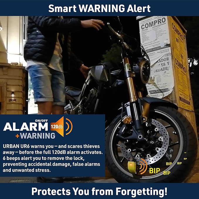 URBAN UR6 Hi-Tech Motorcycle Disc Lock with Smart Alarm | Best Value | 120dB, LED, Warning, A+ Sensitivity, Truly Waterproof, Long-Life CR2 Battery, Carried Locked, Bike Anti Theft Wheel Brake Locks
